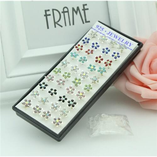 WalerV 40ps/box Crystal Color Mixing Windmill Shape Stud Earrings Set Fashion 925 Jewelry Silver For Woman Silver Earrings Gifts