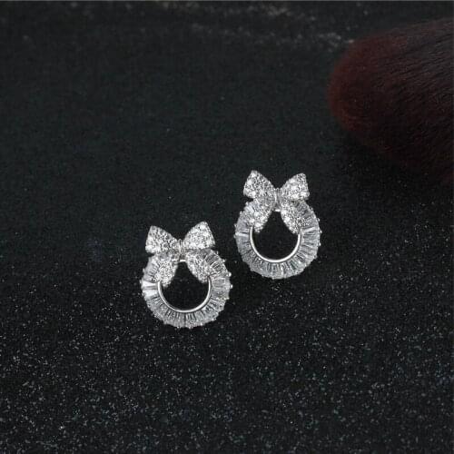 18K Yellow White Gold Real Diamond Earrings for Women Bohemia Wedding Stud Earrings Round Bowknot Fashion Fine Jewelry Luxury