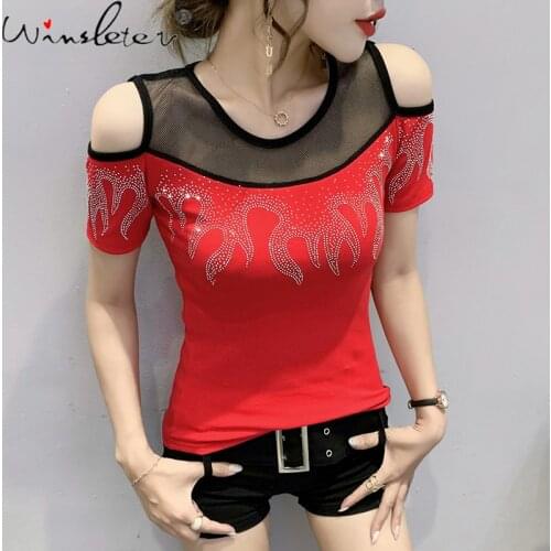 Summer European Clothes T-Shirt Chic Off Shoulder Shiny Diamonds Spliced Women Tops Sexy Back Short Sleeve Tees New 2021 T15216A