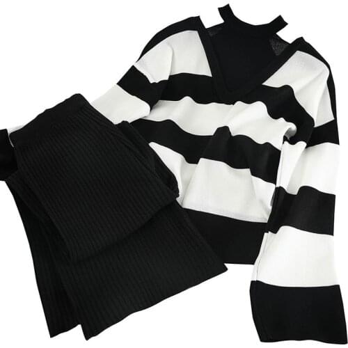 2020 New Autumn Winter Knitting 2 Piece Set Women Long Sleeve Halter Striped Sexy Sweater+ Slim Wide Legs Pants Suit Female