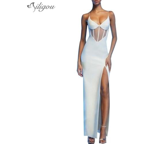 Ailigou Free Shipping 2021 Trendy Waist Hollow Design Sexy V-neck Halter Celebrity Party Club Bandage Long Dress
