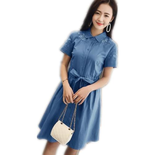 New Arrival Women Denim Dress Mini 2019 Summer Turn-Down Collar Fashion Embroidery Women Denim Dress High Quality Casual Q196