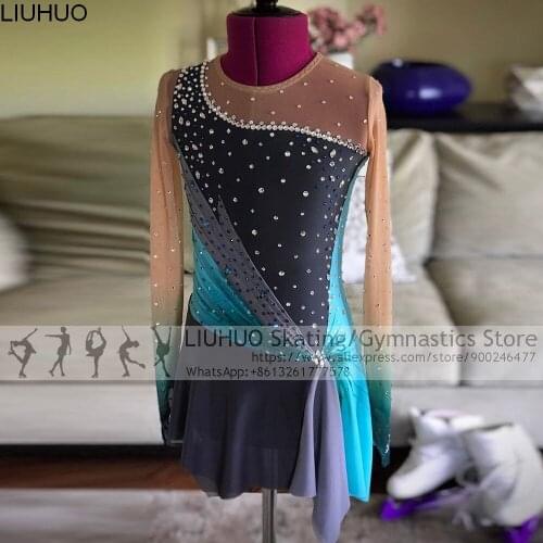 Ice Figure Skating Dress Women Girls Blue Gradient Competition Costumes Teens Skating Dress Female Dancewear Wholesal