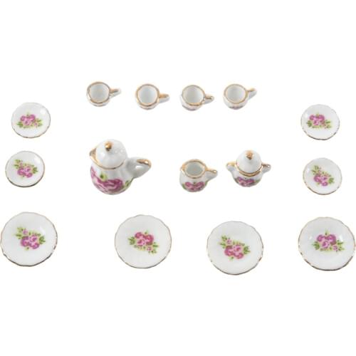 15 pieces Porcelain tea set Dollhouse miniature foods Chinese rose dishes cup