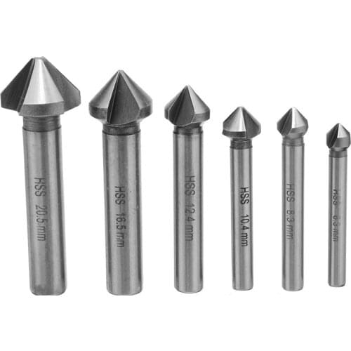 6pcs Round Shank 3 Flute 90 Degree HSS Chamfer Chamfering Cutter End Mill Tool Countersink Drill Bit Set 6.3-20.5MM