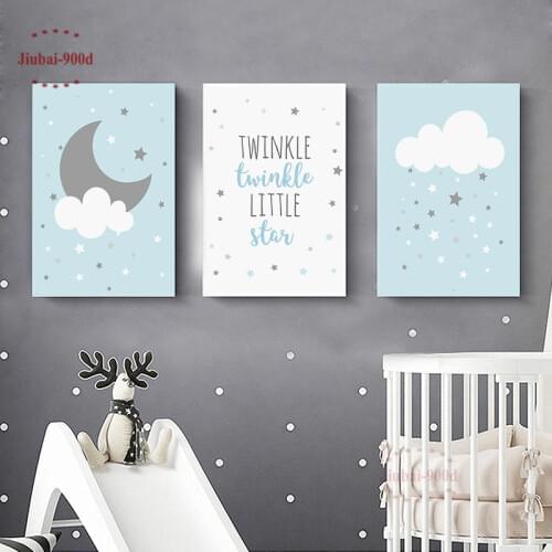 Nursery Baby Room Wall Decoration Cartoon Cloud Moon Posters Canvas Painting Pictures Blue Wall Art Posters and Prints NUR41