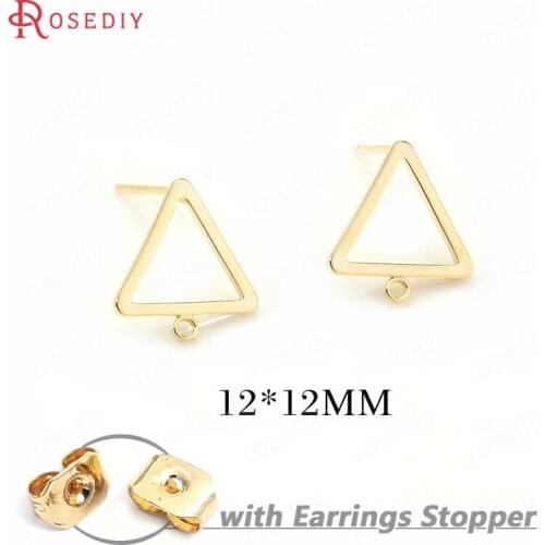 F220)10 pieces 12*12mm 24K Gold Color Brass + Hanging Hole Triangle Stud Earrings Pins High Quality Findings Accessories