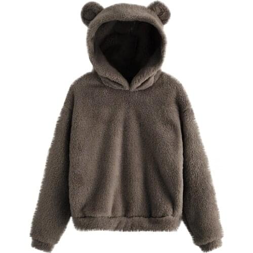 Fleece Fluffy Hoodies Women Kawaii Sweatshirt Cute Bear Ear Cap Autumn Winter Warm Pullover Long Sleeve Outwear Coat 2021 New