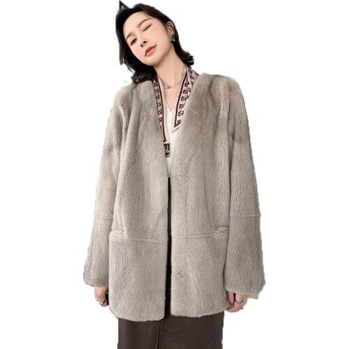 Fstmxur 2021 Spring Winter Copenhagen Imports Velvt Mink Fur Coat Womens Full Sleeve V-Neck Pure Color Soft Short Mink Fur Coats