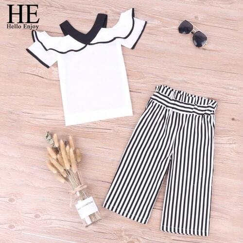 HE Hello Enjoy Summer Girls Clothes Sets Childrens Clothing Fashion Girl Shirt Top+Striped Long Pant Suits Kids Clothing 2pcs