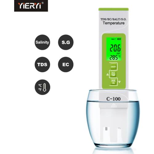 Yieryi 5 in 1 TDS/EC/Salinity/S.G./Temperature Meter Digital Water Quality Tester for household, Pools, Drinking Water, Aquarium