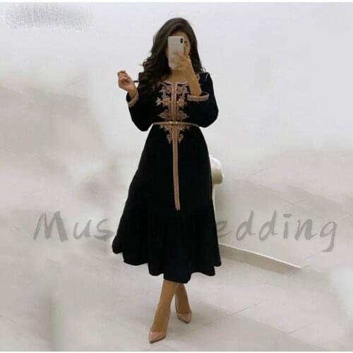 Royal Blue Short Prom Dresses With Sleeves 2021 Elegant Algerian Tea Length Arabic Dubai Abaya Evening Dress With Belt Beaded