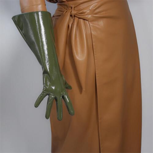 Patent Leather Long Gloves 38cm Large Sleeve Princess Wide Cuff Simulation Leather Unisex Male Female Army Green WPU160