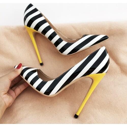 Fashion free shipping black white stripe Leather Poined Toe Stiletto high heel shoe pump HIGH-HEELED SHOES dress shoes