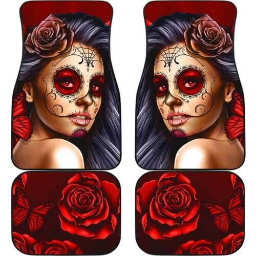 INSTANTARTS Calavera Girl Floral Pattern Set of 4 Floor Mats for Cars all Weather Anti-Slip Car Accessories Floor Mats Carpet