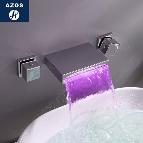 Azos In-wall Faucet Discoloration Waterfall Brass Chrome Cold and Hot Switch Temperature Control LED Shower Room Basin Bathroom