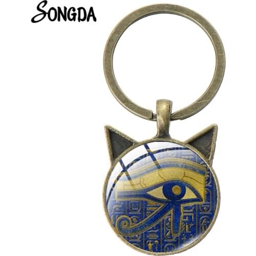 Newest Ancient Egypt Gods Key Chain for Women Eye of Horus Amulet Symbol Glass Ear Pendant Key Ring Bronze Silver Color Jewelry