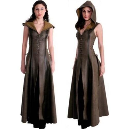 New Women Cosplay Anime Cosplay Costume Fashionable Hooded Archer Costume Leather Long Dress Sleeveless Medieval Women Suit
