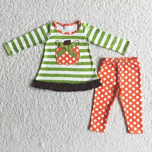 Fall Kids Striped Long Sleeve Tunic Dot Leggings Suit Toddler Girls Embroidery Pumpkin Outfit For Halloween