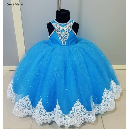 Flower Girl Dresses Blue Tulle White Lace Appliqué Sleeveless Cascading Kids Pageant Gowns For Weddings Children Birthday Dress