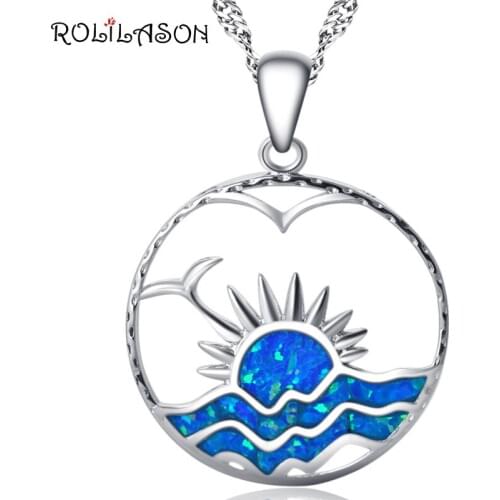 ROLILASON Round Sunset Amazing Blue Fire Opal Silver Stamped 925 Necklace Pendants for women dinner OP750