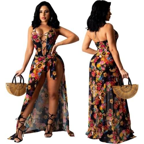 SKMY Sexy Sleeveless Lace-Up Hollow Out Bodysuits Fashionable Casual Two Piece Maxi Skirt Set Women Summer Beach Clubwear