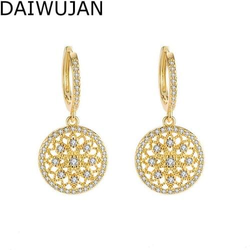 DAIWUJAN New 925 Sterling Silver Hoop Earrings for Women Gold Micro-inlaid Zircon Dreamcatcher Hanging Round Earrings Jewelry