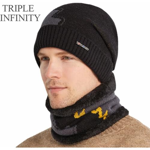 TRIPLE INFINITY Fashion Men Knitted Winter Hat Add Fluff Lined Warm Windproof Cycling Hats For Men Keep Face Ear Warm Beanies