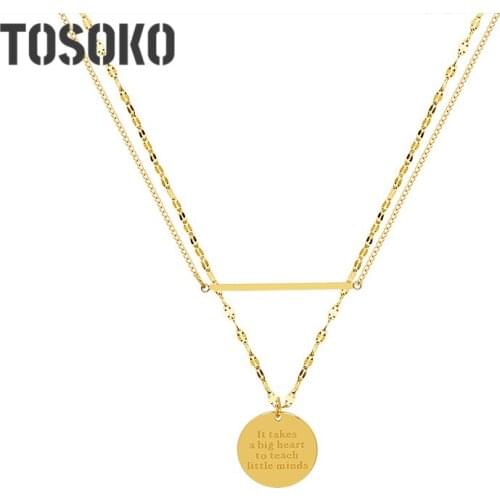 TOSOKO Stainless Steel Jewelry English Geometric Round Pendant Double Layered Necklace Womens Fashion Clavicle Chain BSP930