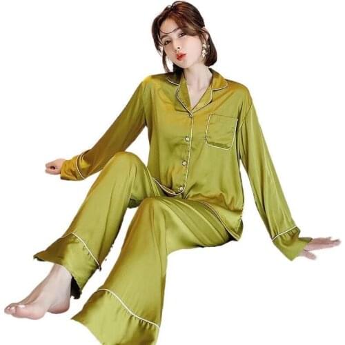Spring Silk Pajama Sets For Women Luxury Long Sleeve Pyjamas Sleepwear Service 2 Pcs Button UP Pijama With Bags Sexy Homewear