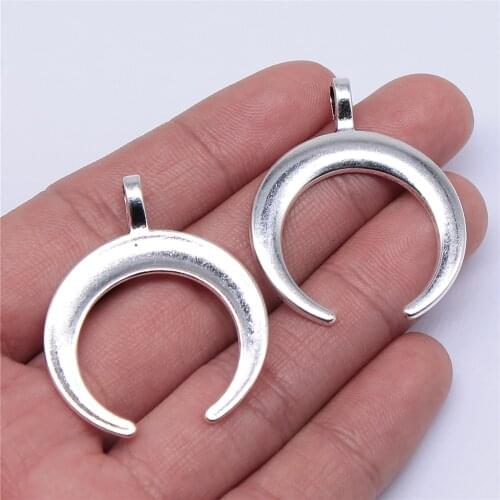 WYSIWYG 4pcs 40x33mm Crescent Moon Charm Horn Pendants For Jewelry Making Antique Silver Color Horn Pendant