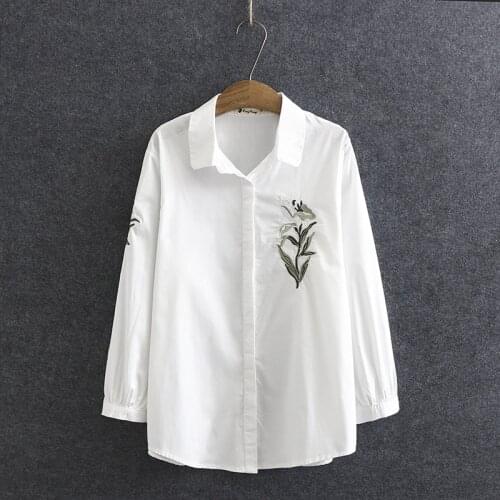Plus Size XL-4XL Women White Blouse Floral Embroidery Ladies OL Elegant Fashion Spring Summer New Tops