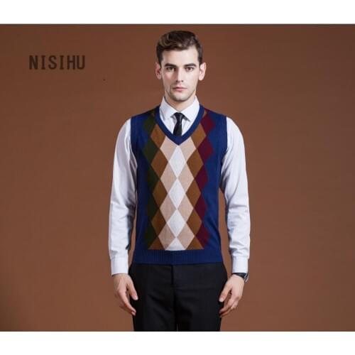 Hot Sale Mens Argyle V-Neck Sweater Vest New Fashionable Plaid Mans Sleeveless Wool Jacquard Sweater Pullover