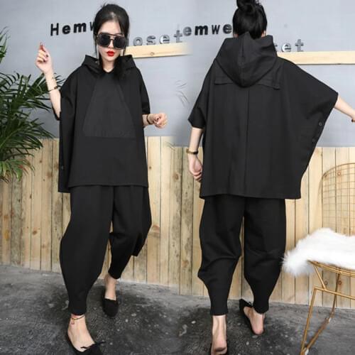 2020 Black Hip Hop 2 Piece Set Autumn Oversized Tracksuit Hooded Tops + Harem Pants Women Suit Female Cloak Bat Shirt Clothing