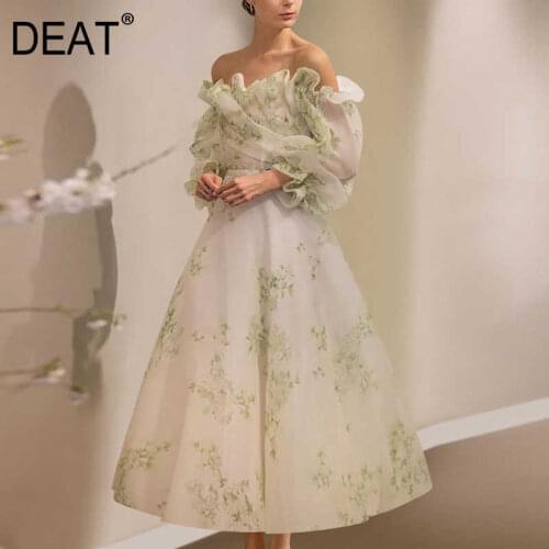 DEAT Woman Dress Organza Ruffles High Waist Slim Slash Neck Long Sleeve Casual Style Elegant Dresses 2021 New Summer 15HT056