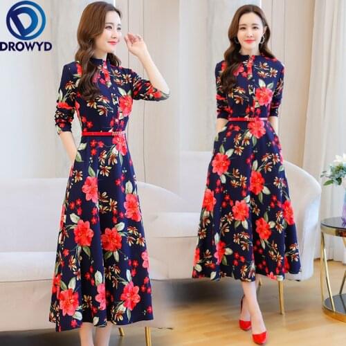 Women Beach Boho Dress Autumn 2021 New Office Lady Knitting Print Full Sleeve Stand Neck High Waist Blue Black Flower Dresses
