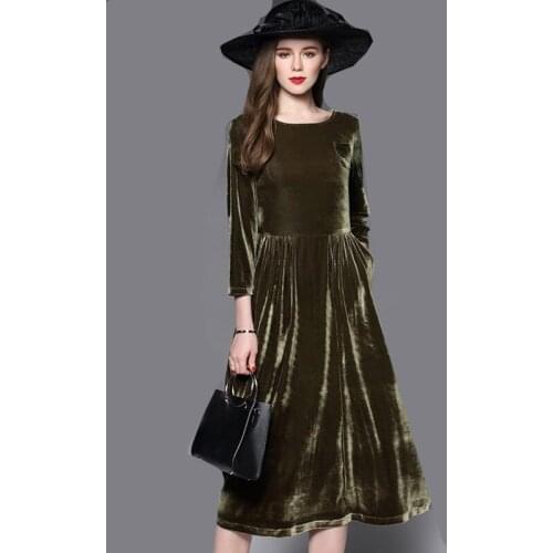 2020 Winter Velvet Dress Three quarter Sleeve Elegant Women dress Casual Retro Vintage Party Dresses plus size Spring dress