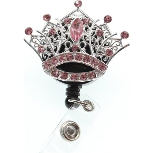 100pcs/lot Pink Rhinestone Mini Crown Brooch Badge Reel Retractable ID Badge Holder Clip