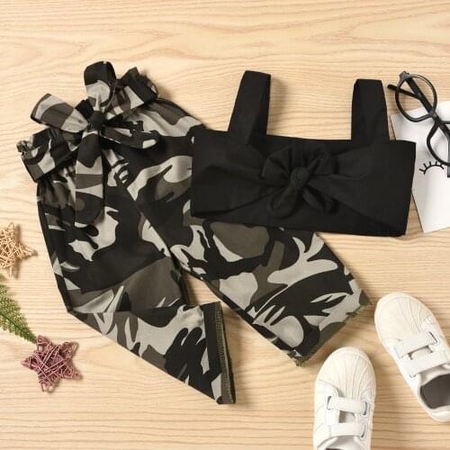 2021 Fashion Kids Baby Girls Clothes Sets Summer Bow-knot Vest Crop Tops and Camouflage Long Pants Casual Kids Outfits 1-5Y