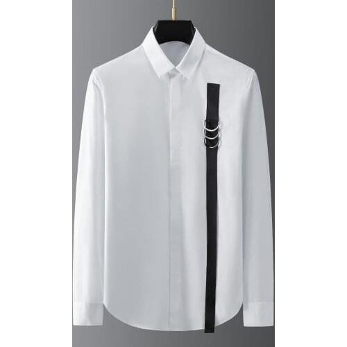 2021 Autumn Metal Webbing Mens Shirt Cotton Long Sleeve Casual Shirt Slim Fit Social Party Tuxedo Stage Singer Men Clothing