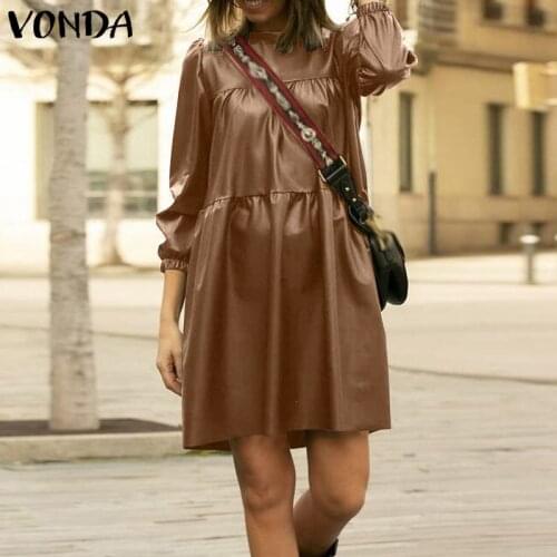 VONDA 2021 Ladies Loose Long Sleeve Pleated Dress Plus Size Casual Party Round Neck Solid Dresses Women Bohemian Party Vestidos