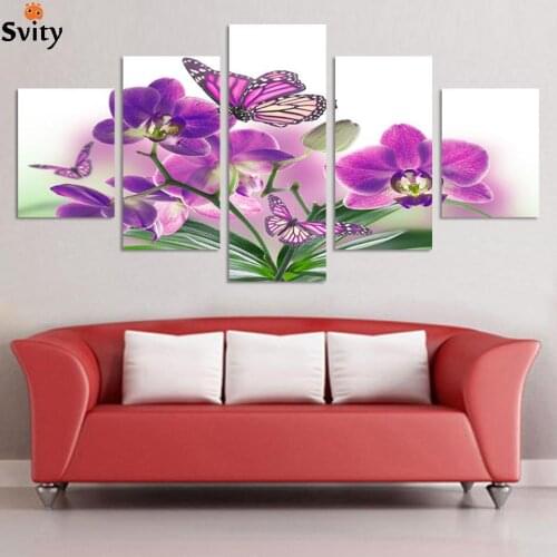 5 Piece Free Shipping Cheap abstract Modern Wall Painting purple pink flower Home Decorative Art Picture Paint on Canvas Prints