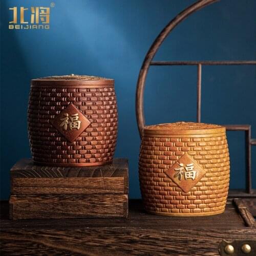 Asan Neo Chinese Style Pure Copper Brass Color Art Lucky Basket Tea Container Home Office Decor Gift Good Luck Fortune