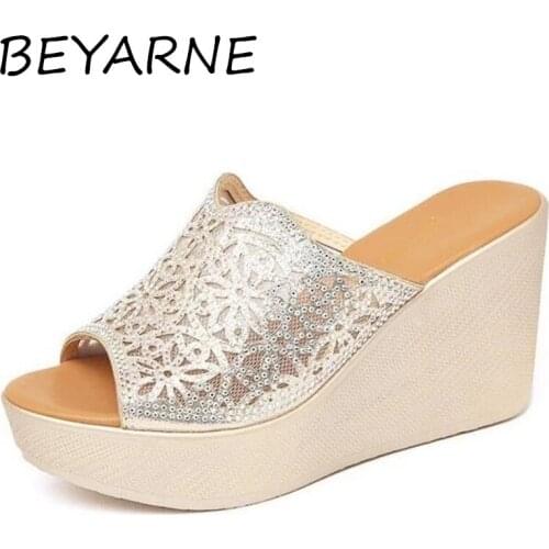BEYARNE Quality Womens Slippers Platform Shoes Summer 2021 Rhinestone Slippers Ladies Wedge Heels Slides Women Silver