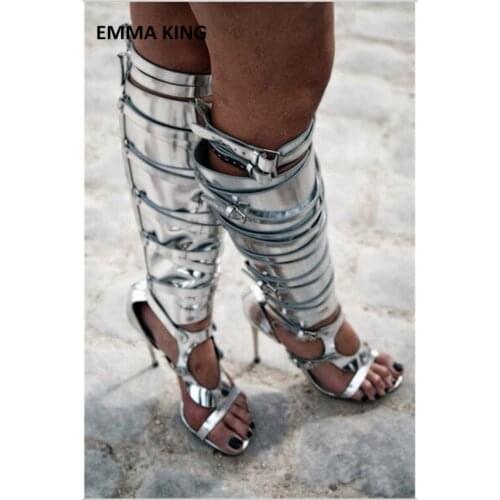 2021 Summer Women Gladiator Sandals Boots Golden Silver Buckles Knight Boots Ladies Hollow Out Thin High Heels Booties Woman