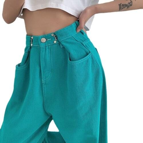 Green Wide-leg Jeans Womens loose High-waisted slim straight-leg pants fat sister plus size 2021 New multi-pocket cotton soft