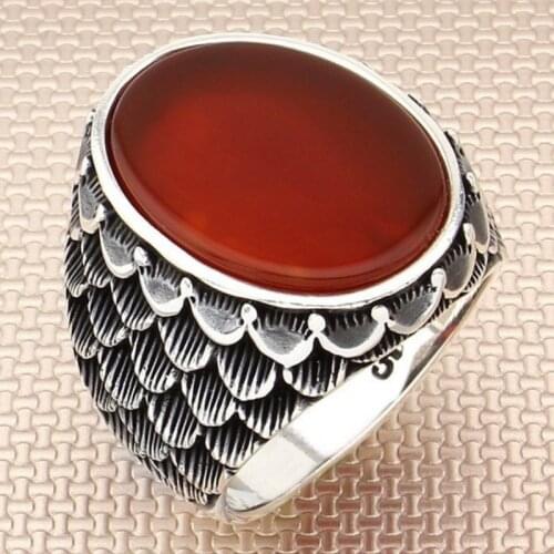 SILVERFONI Real 925 Sterling Silver Ring For Men Stylish Jewelry Fashion Red Agate Stone Gift Male Accessories All Size 2021