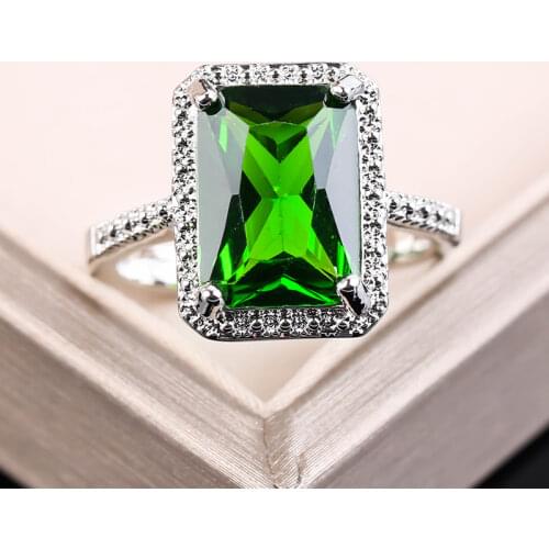 Large Green Stone Bright Ring Square Silver Color Rings Women Anniversary Birthday Party Commitment Jewelry Anillos Mujer F5C146