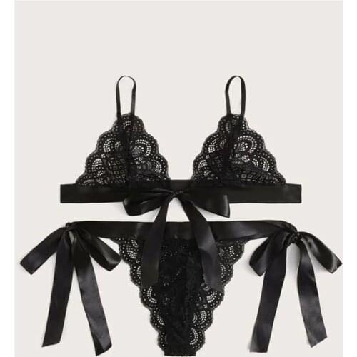 Womens Lingerie Set, Sexy Lace Bra and Side Tie Panty Two-piece Suit for Wedding Nights Honeymoon