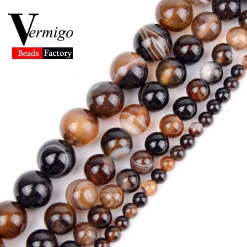 4 6 8 10 12mm Natural Stone Coffee Stripe Agates Round Spacer Loose Beads For Jewelry Making Diy Bracelet Necklace 15" Wholesale